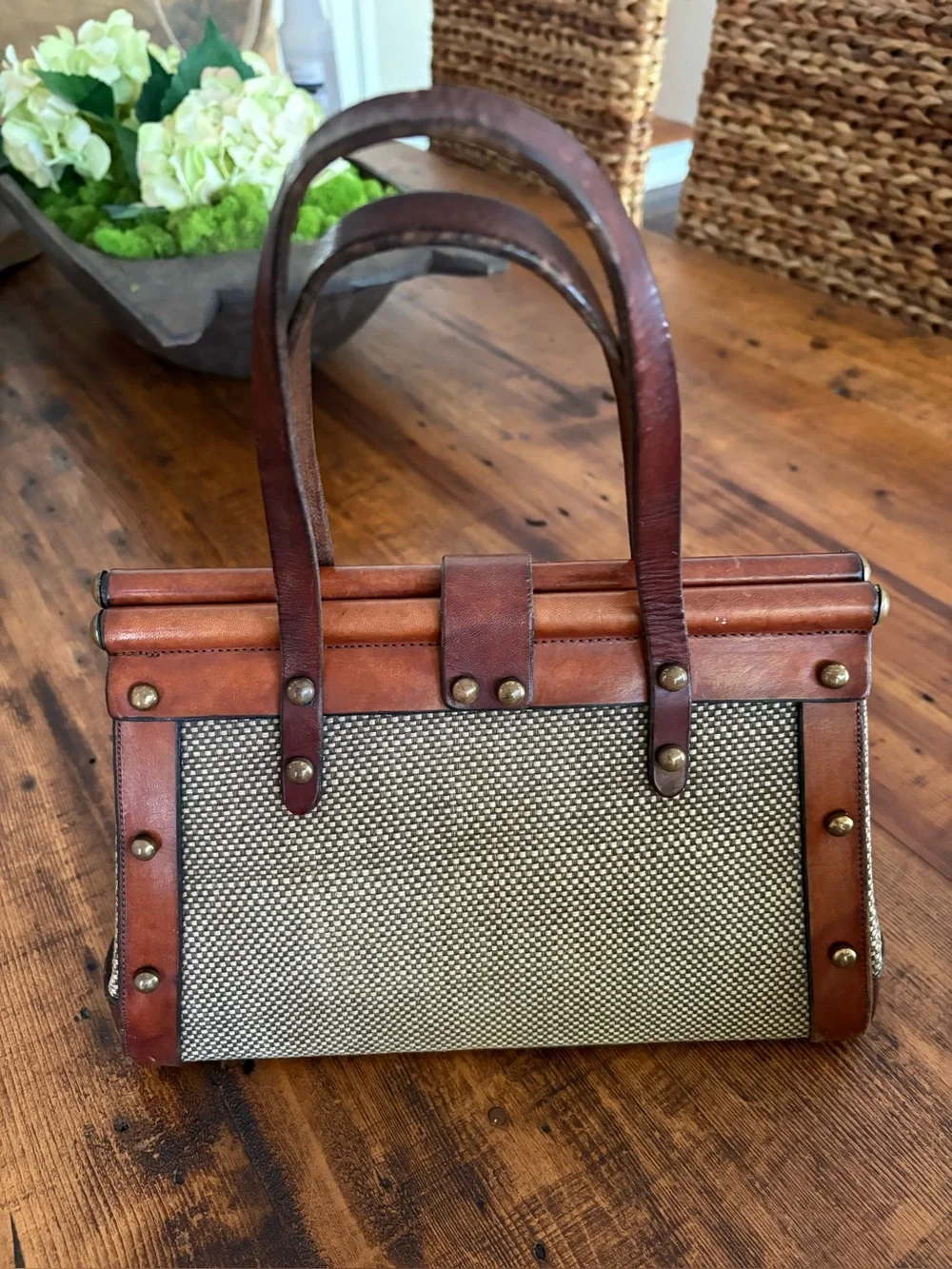 VTG 1969 John Romain Tweed Leather Satchel Tote Bag Casual Corner Clasp Academia